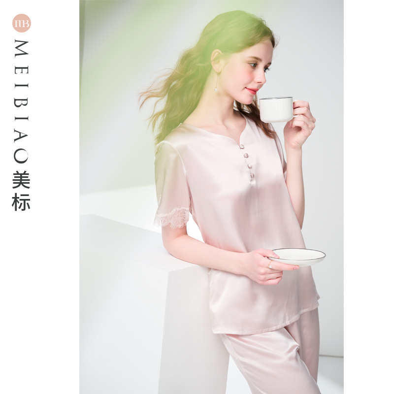 美标19姆米重磅6A级真丝睡衣套装女100%桑蚕丝蕾丝可外穿家居服夏