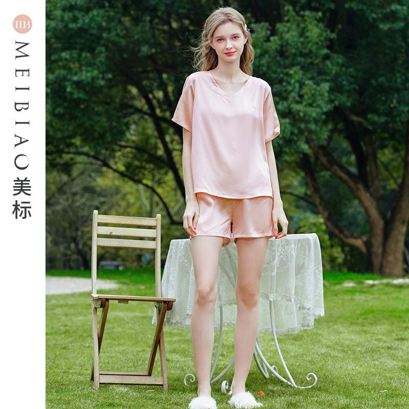 美标真丝睡衣短袖短裤套装宽松休闲运动凉感桑蚕丝可外穿家居服