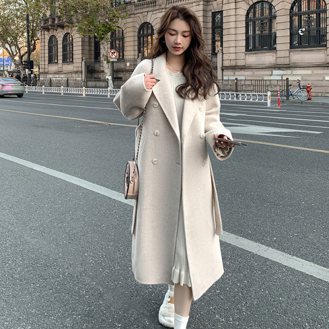 Women's blue double-sided cashmere woolen coat