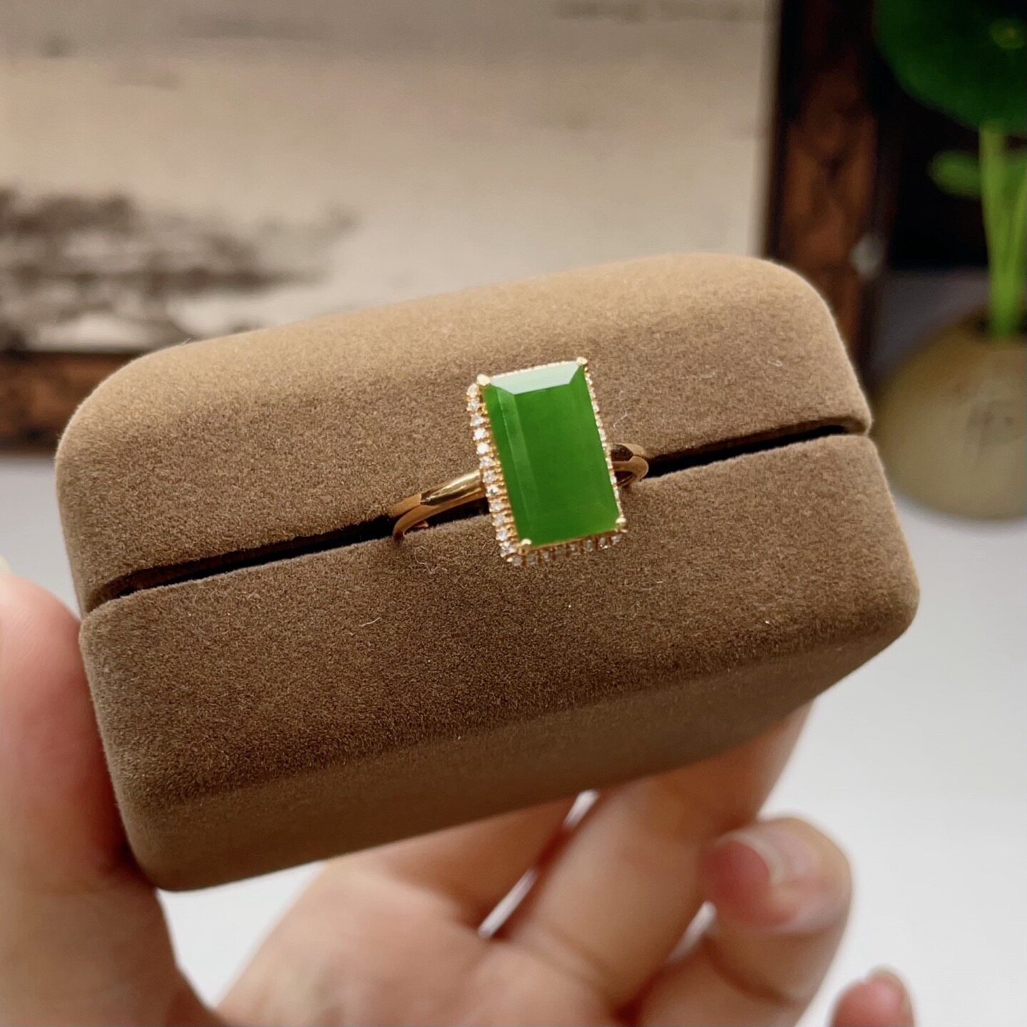 Jasper k gold square ring, 18k gold with South African real diamonds, exquisite multi-diamond inlay, delicate jade quality