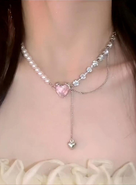 轻奢小众链条粉钻爱心项链