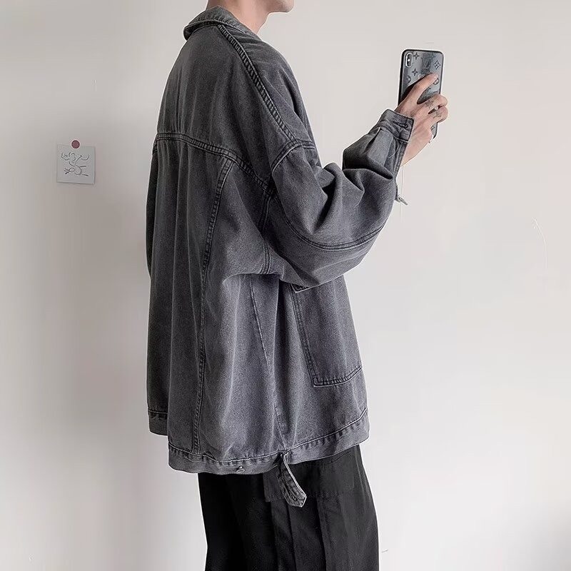 美式纯色简约口袋翻领蓝色百搭夹克春秋季韩版宽松牛仔外套复古,淘宝优惠券,粉丝福利购,淘宝优惠卷