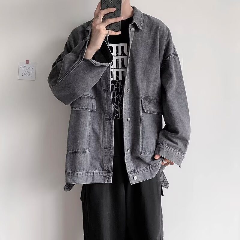 美式纯色简约口袋翻领蓝色百搭夹克春秋季韩版宽松牛仔外套复古,淘宝优惠券,粉丝福利购,淘宝优惠卷