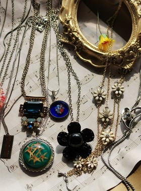 中古项链vintage欧洲回流饰品古着贝壳合金黑色编织10.14