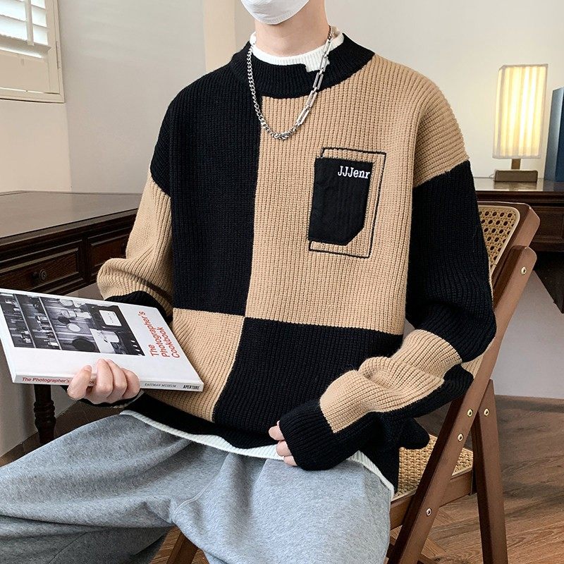 秋冬季拼接撞色假两件毛衣男孩青少年学生帅气潮流宽松打底针织衫,淘宝优惠券,粉丝福利购,淘宝优惠卷
