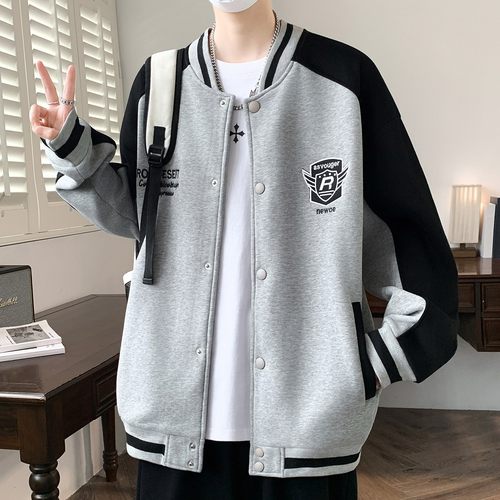 徽章刺绣棒球服男春秋冬季学院风加绒加厚夹克青少年宽松休闲外套 - 图2