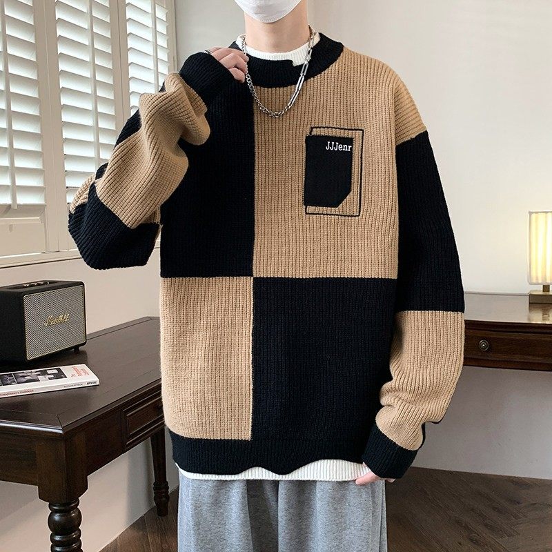 秋冬季拼接撞色假两件毛衣男孩青少年学生帅气潮流宽松打底针织衫,淘宝优惠券,粉丝福利购,淘宝优惠卷