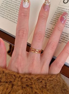 古风红色戒指女滴红釉花纹食指戒