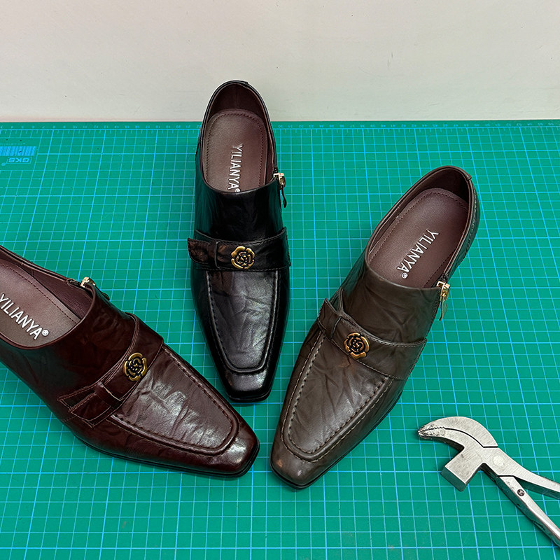 山茶花深口单鞋女真皮春季新款法式复古小方头气质高跟手工皮鞋子,淘宝优惠券,粉丝福利购,淘宝优惠卷