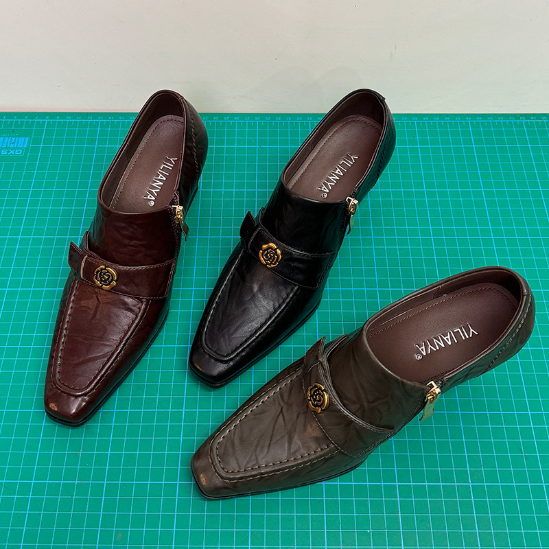 山茶花深口单鞋女真皮春季新款法式复古小方头气质高跟手工皮鞋子,淘宝优惠券,粉丝福利购,淘宝优惠卷