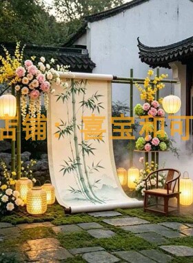 中秋新中式竹韵卷轴仿真花艺背景