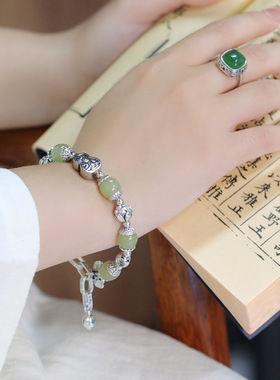 S925纯银新中式葫芦花苞手链女民族风小众仿和田玉百搭国风手串