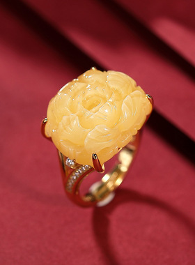 国潮牡丹花女士开口银指环