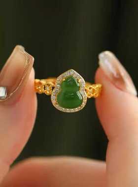 新中式花丝和田碧玉葫芦戒指女国风小众设计轻奢百搭高级感食指戒