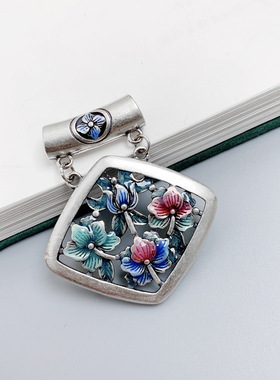 纯银烧蓝珐琅莲花如意锁弯管吊坠