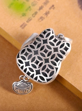 复古s925纯银风生水起招财猫项链