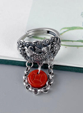 纯银镶嵌南红戒指女开口戒指