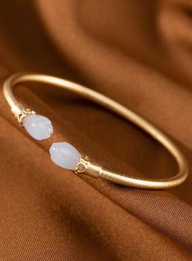 S925纯银古法金镶嵌天然和田玉白碧玉手镯小众高级感手环银镯子女