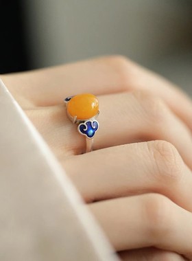 925银复古新中式碧玉蛋面珐琅戒指女国风个性玉石南红蜜蜡食指戒