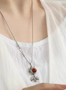 925银复古新中式招财好运小胖鱼锦鲤吊坠挂件项链南红玛瑙高级感