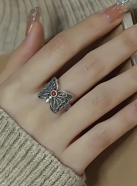 S925纯银南红蝴蝶戒指花丝镂空