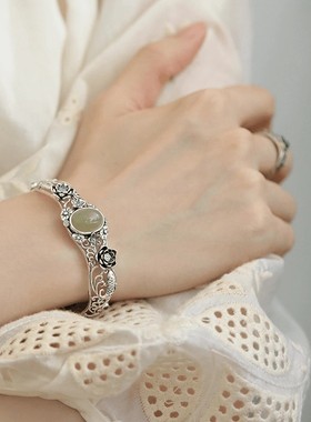 925银复古新中式荷花手镯子和田玉蛋面做旧开口调节锦鲤戏莲小众
