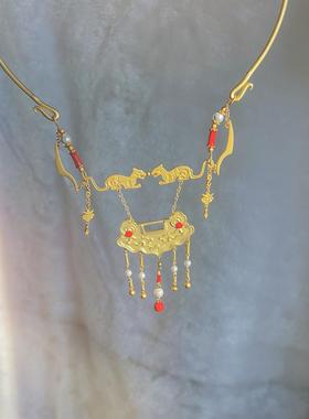 超仙新中式古风汉服配饰金锁项链古装手工琉璎芷流苏富贵锁项圈女