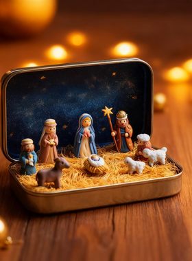 Mini Christmas Nativity Set in Tin Box迷你圣诞圣诞马槽套装