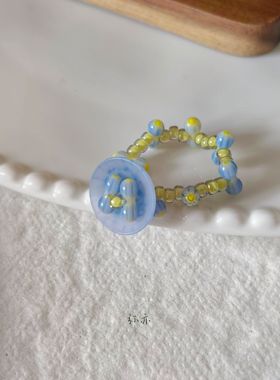 弥亦「蓝梦」原创设计纽扣串珠戒指小众手工制作琉璃珠食指戒