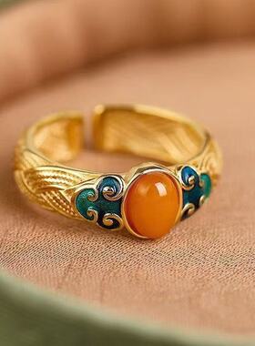 蓝色祥云蜜蜡镀金男戒