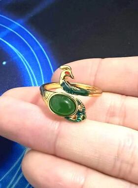 新款金色五彩绿石孔雀戒指