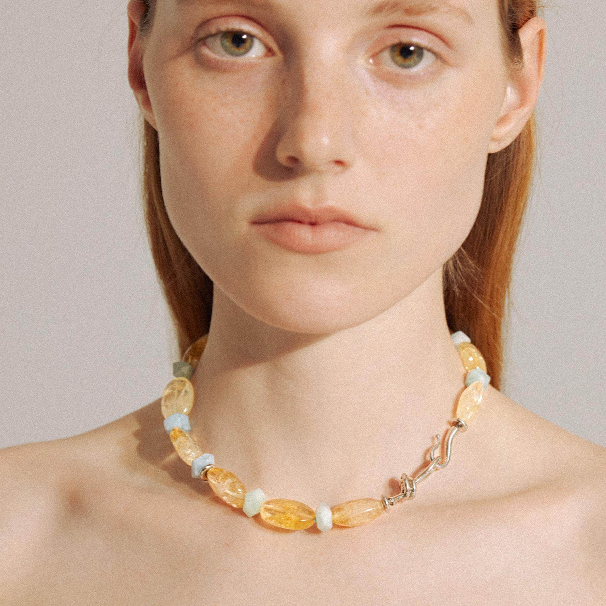 Wens黄水晶拼海蓝宝串珠绳结扣项链新款轻奢高级感原创设计女,淘宝优惠券,粉丝福利购,淘宝优惠卷