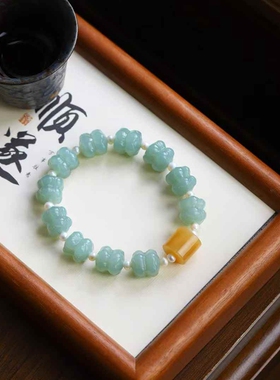 天然新疆和田玉玉器工厂店且末蓝老料工艺品玉石并蒂莲手串带证书