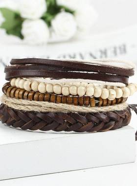 couples hand catenary bracelet men 皮绳木珠多层男女情侣手链