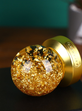 创意水晶玻璃球摆件风水球轻奢家居饰品旋转金箔球金属底座金色