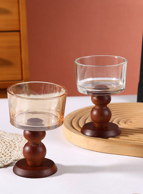 法式中古风复古INS陶瓷高脚杯木脚碗甜品碗摆件木制氛围家居软装