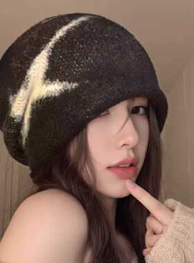 卷边针织堆堆帽女秋冬保暖护耳套头冷帽韩版时尚百搭星星毛线帽子