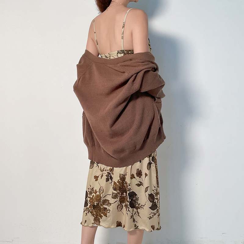 IUAE静谧幽境棕色印花中长裙女抹胸修身包臀一步裙显高复古吊带裙 - 图2