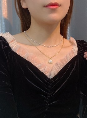 双层小众设计感嘻哈风珍珠项链