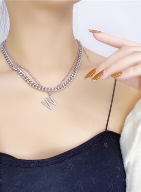 字母双层百搭欧美韩版锁骨链吊坠