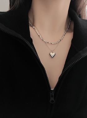 2023年新款纯银双层爱心项链女士短款心形吊坠小众设计感锁骨链