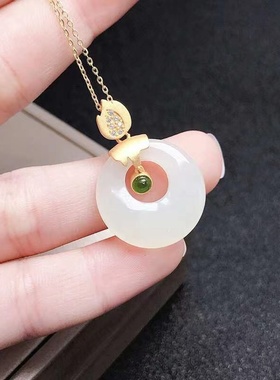 平安扣和田玉吊坠S925纯银镀金镶玉项链女款本命年保平安红火吊坠