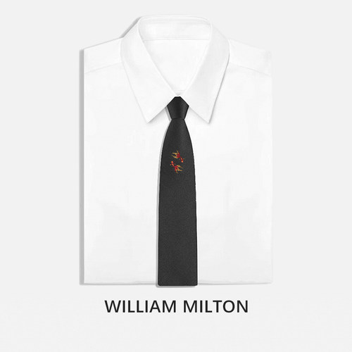 WILLIAM MILTON国潮锦鲤系列手工刺绣真丝领带男士轻奢口袋巾套装 - 图0