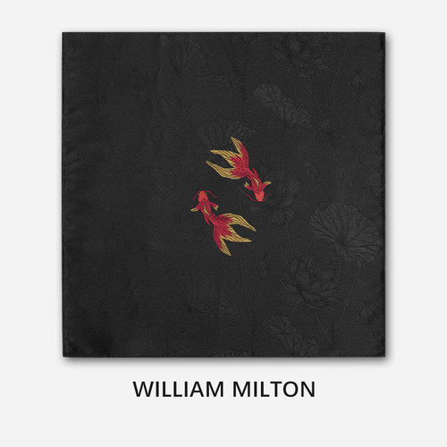 WILLIAM MILTON国潮锦鲤系列手工刺绣真丝领带男士轻奢口袋巾套装 - 图1