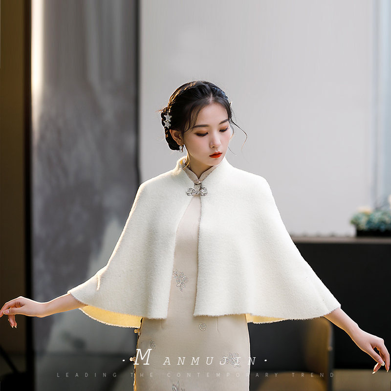 秋冬款旗袍披肩新娘敬酒服外套女迎宾礼服外搭保暖白色斗篷短披风 - 图1
