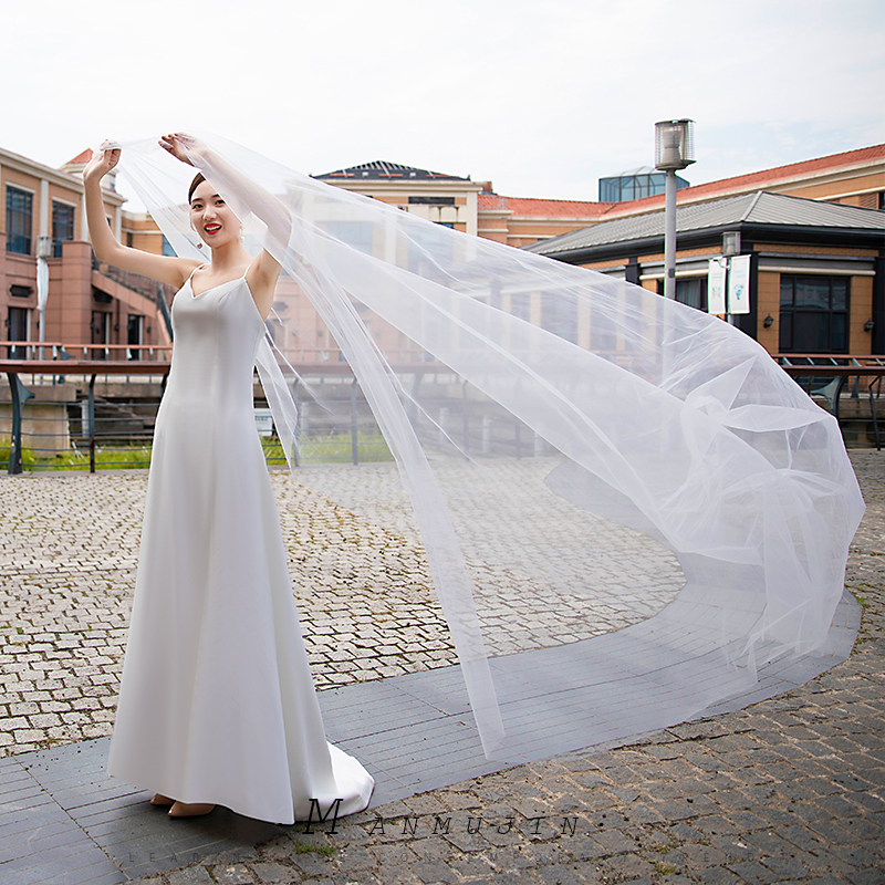 简约裸纱新娘婚纱摄影写真超长素纱加宽拖尾飘纱旅拍照凹造型头纱 - 图1
