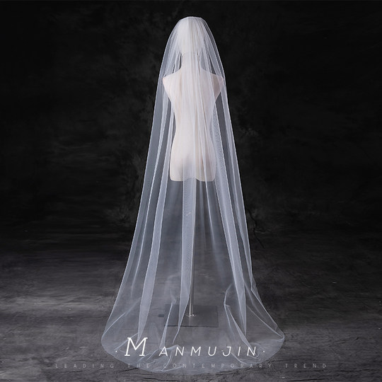 超仙优雅简约单层小拖尾素头纱新娘结婚旅拍照头饰教堂式长款轻纱