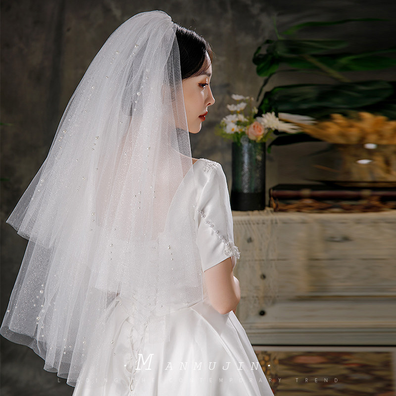 新娘头纱细闪亮粉蓬蓬纱结婚礼造型 曼慕锦头纱