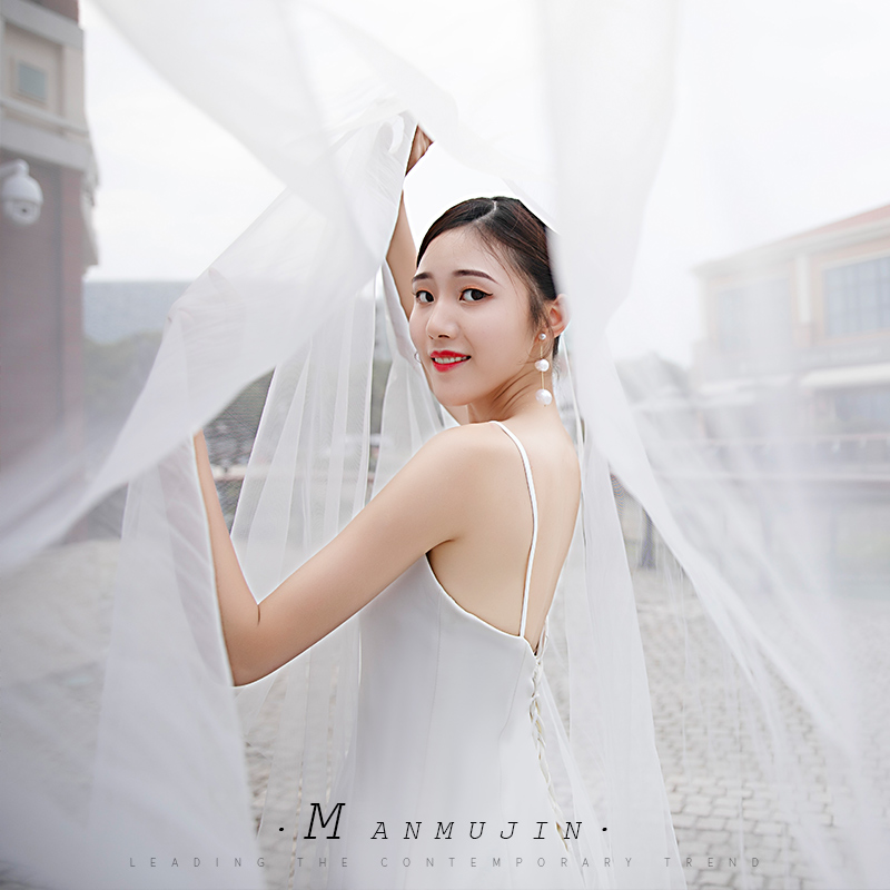 简约裸纱新娘婚纱摄影写真超长素纱加宽拖尾飘纱旅拍照凹造型头纱 - 图2