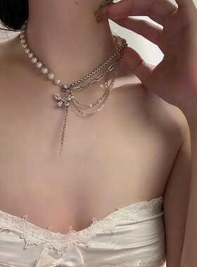 珍珠拼接项链女新款锆石蝴蝶流苏锁骨链小众潮设计轻奢高级感颈联